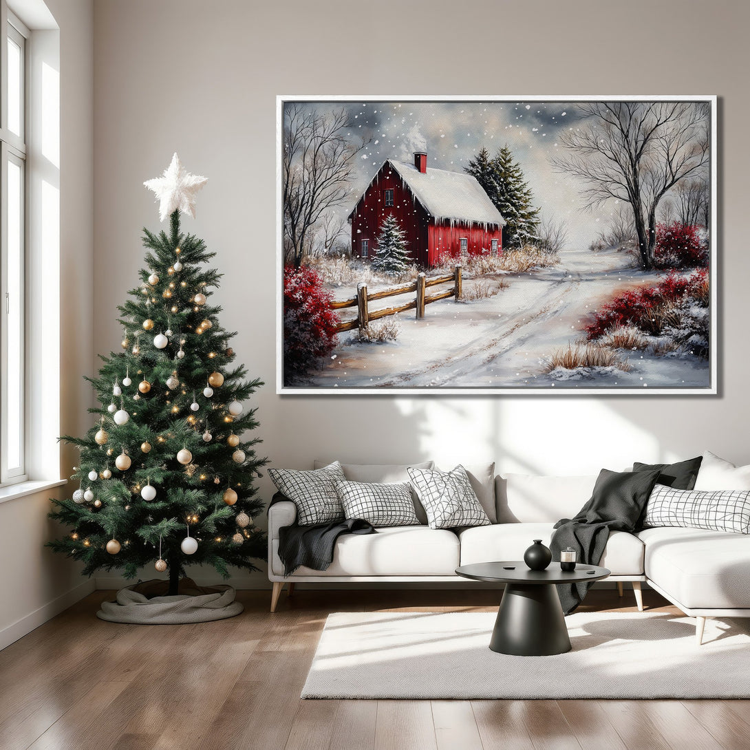 Framed Wall Art: Winter scene Canvas Print featuring a red barn in a snowy landscape. Warm red and white color palette, perfect for cozy winter decor.