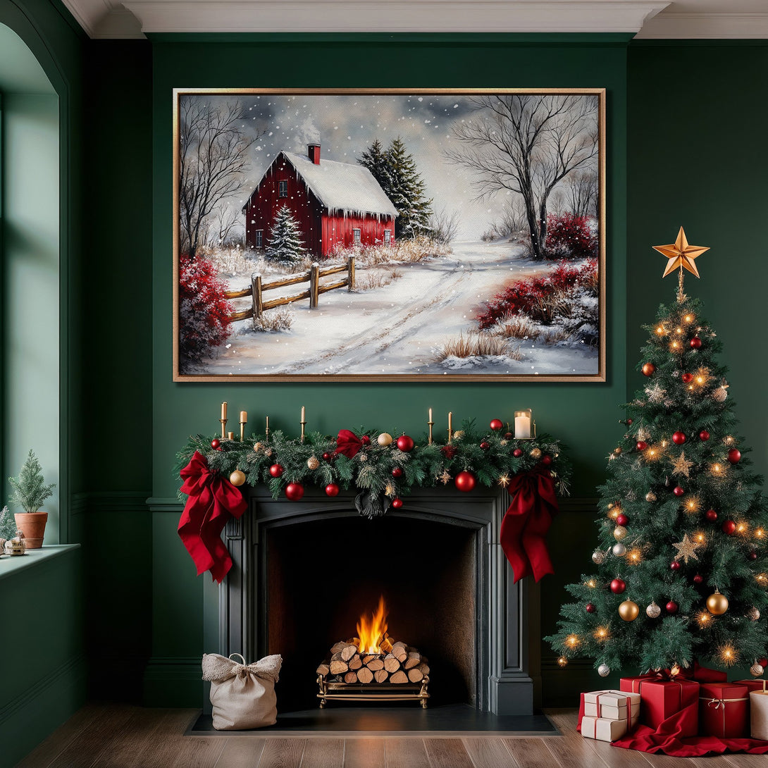 Framed Wall Art: Winter landscape Canvas Print with a red barn, snowy scene, and warm color palette, perfect for holiday decor.