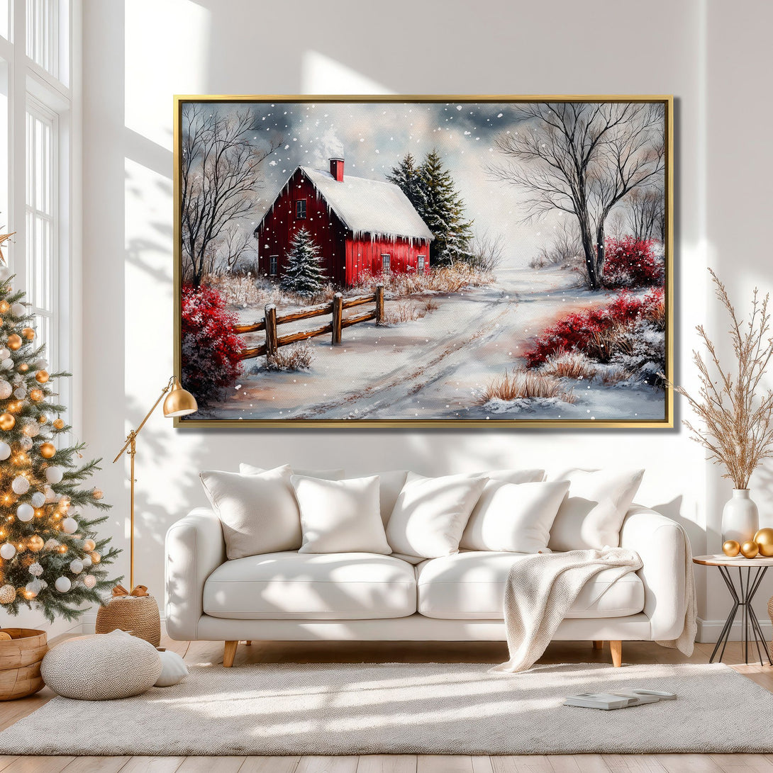 Canvas Print of a winter landscape with a red barn. Features a snowy scene with a rustic style and a warm, neutral color palette.