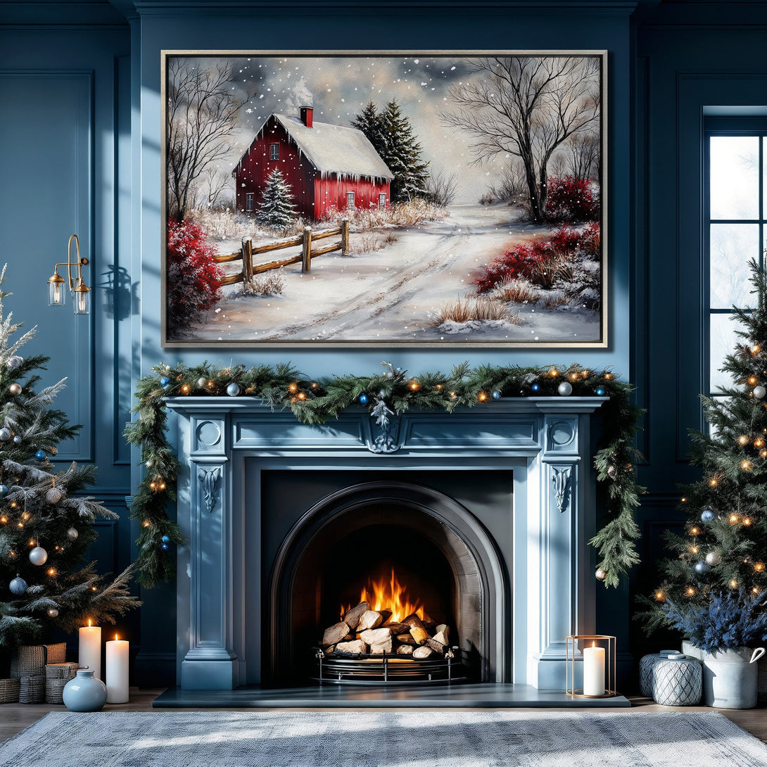 Framed Wall Art: Winter landscape Canvas Print with a red barn. Cozy interior with blue walls, fireplace, & Christmas decor. Warm color palette.