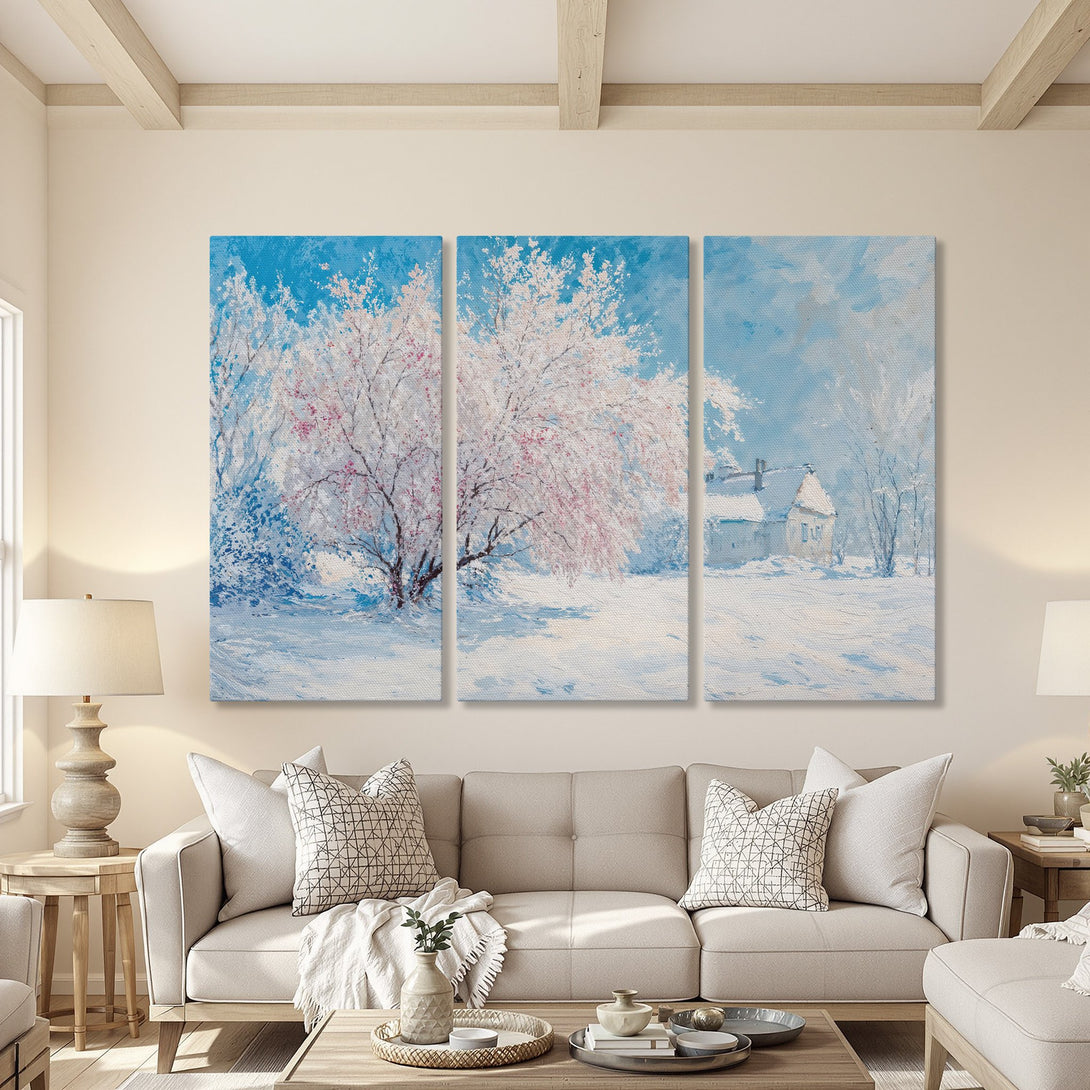 Canvas Print of a winter landscape with snow-covered trees and a house. Beautiful blue, white, and pink color palette, perfect for a cozy living room.