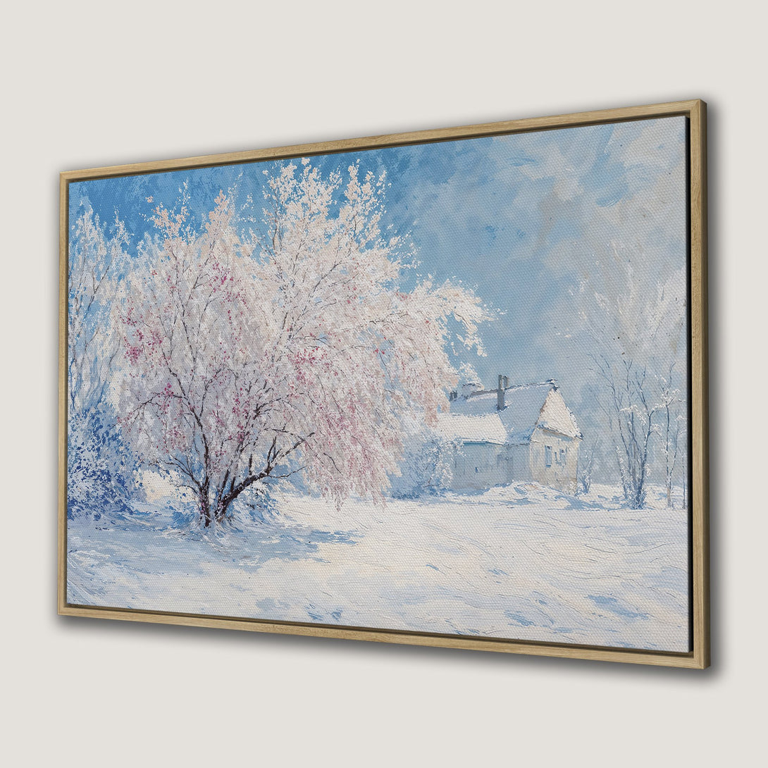 Framed Wall Art: Winter landscape painting with snow-covered trees and house. Blue, white, and pink color palette. Perfect for cozy home decor.