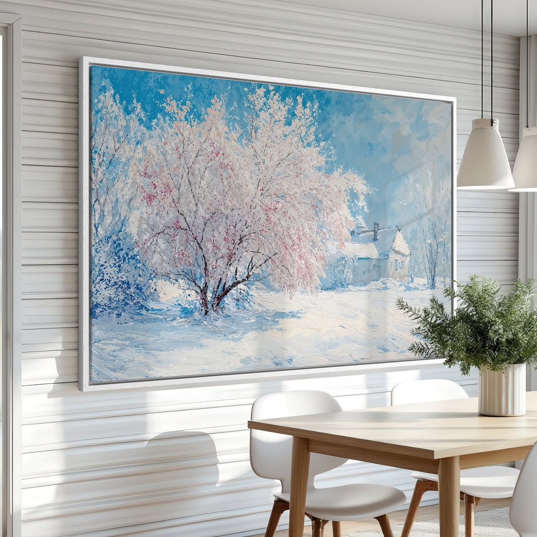 Framed Wall Art: Winter landscape painting with a snowy tree and house in a blue and white color palette. Add a touch of serenity to your home!