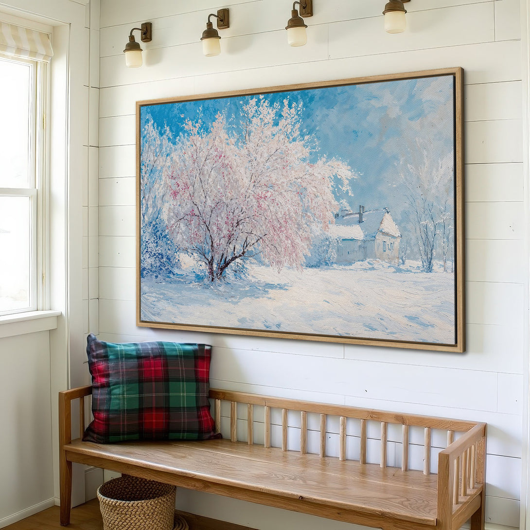 Framed Wall Art: Winter landscape Canvas Print in a farmhouse interior. Features a snowy scene with blue, white, and pink hues. Perfect for cozy decor!