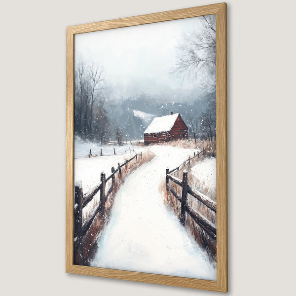 Framed Poster of a snowy winter landscape with a red barn. Rustic style, muted blue, brown, and white color palette. Perfect wall art.