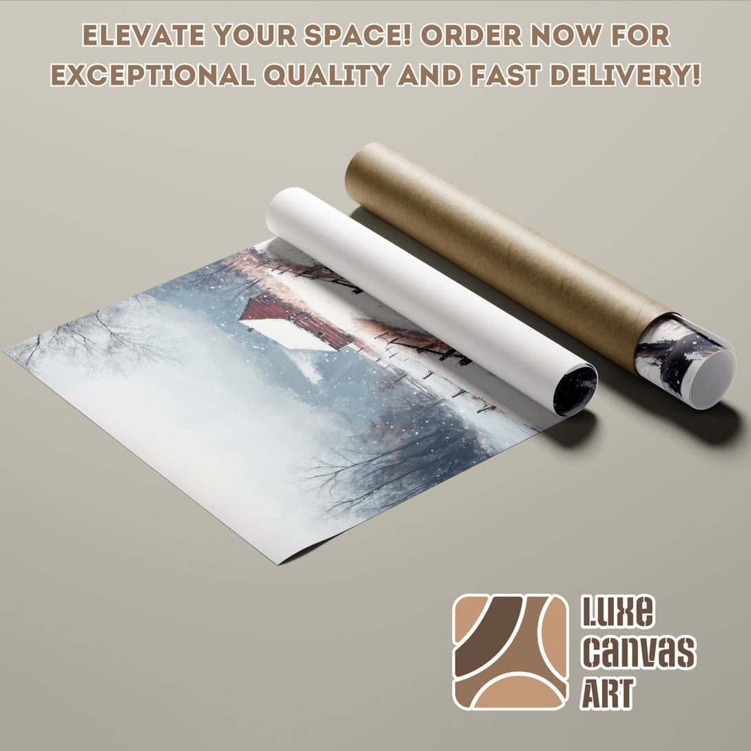Winter landscape Poster Roll, art print with muted blue and red tones, perfect for your home decor.