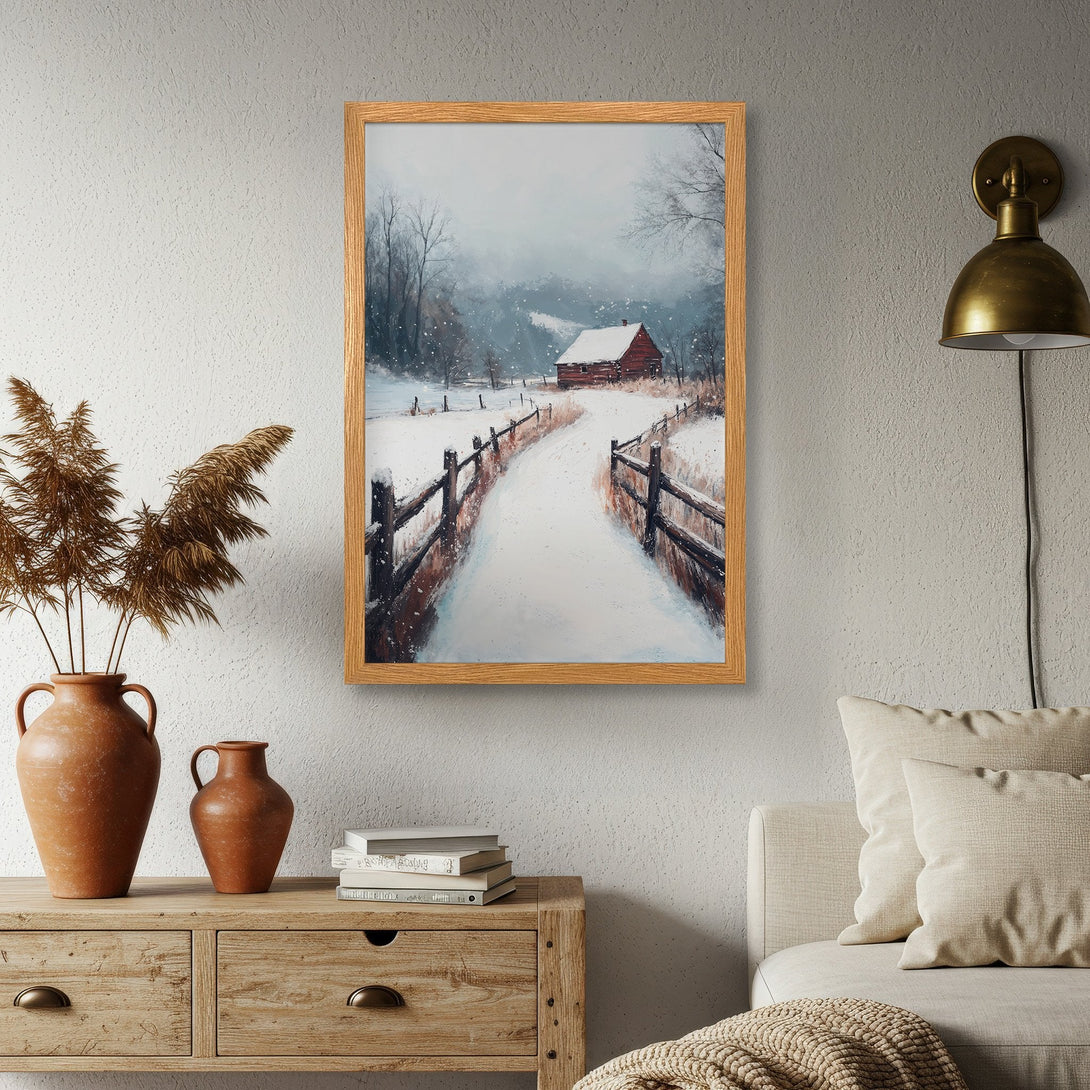 Framed Poster of a snowy winter landscape painting. Rustic style with a muted blue, white, and brown color palette. Perfect wall art for your home.