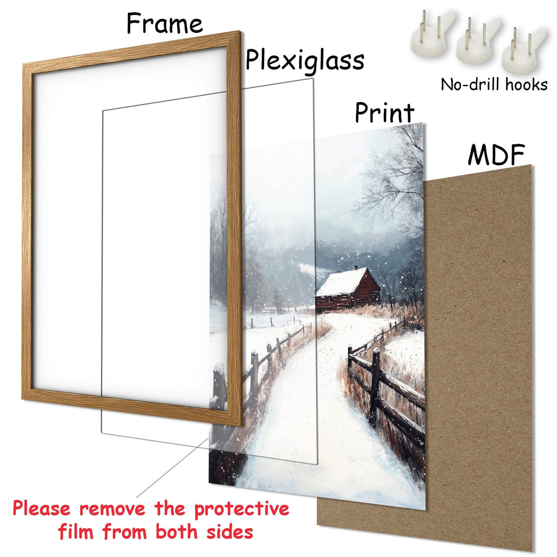 Framed Poster featuring a winter landscape painting. Rustic style with a muted, cool color palette. Perfect wall art for your home!
