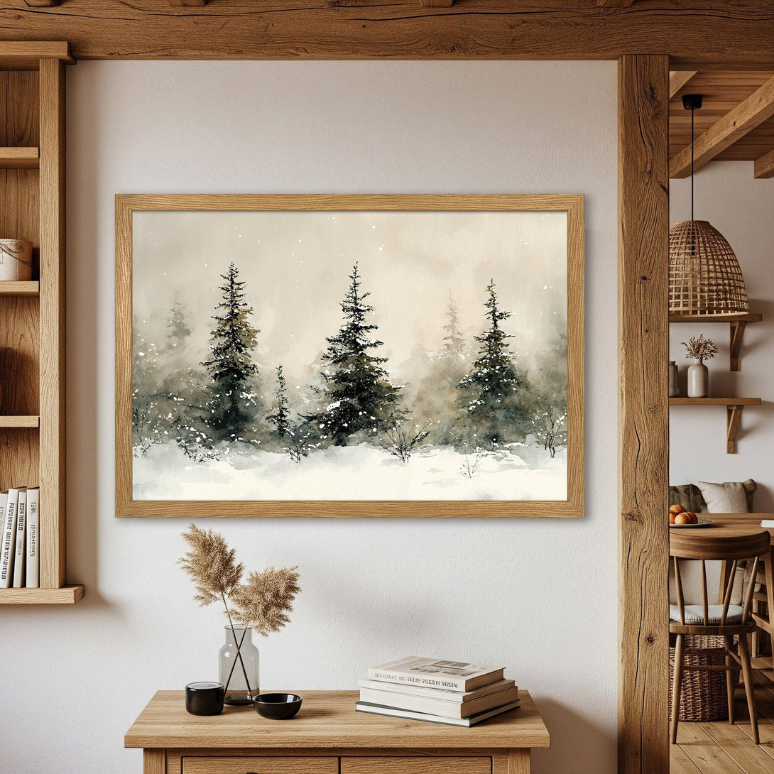 Framed Poster of a winter forest scene, watercolor style, with a neutral color palette. Bring the outdoors in!