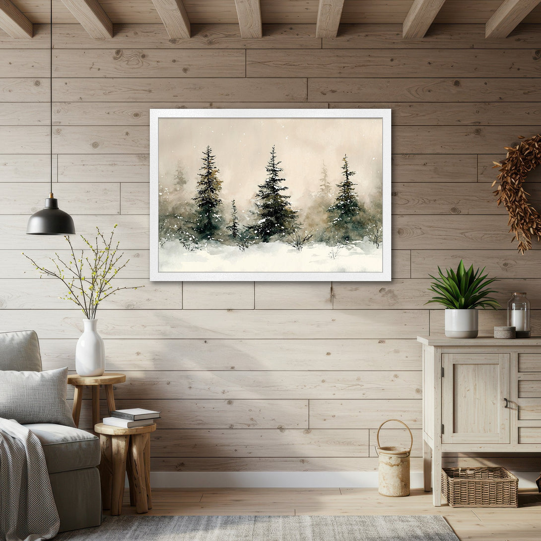 Framed Poster featuring a watercolor forest scene in muted greens and beige, perfect for rustic home decor.