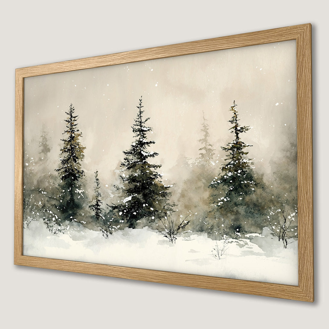 Framed Poster of a winter forest scene in watercolor style, featuring trees and snow. Earthy color palette. Perfect wall art.
