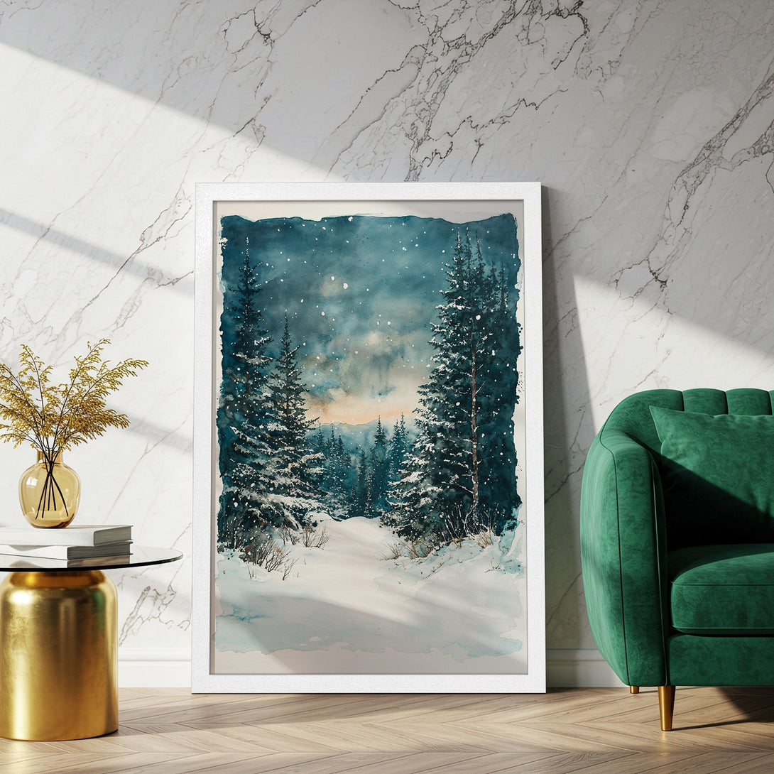 Framed Poster featuring a winter forest watercolor painting in blue and white tones. Perfect for cozy decor!