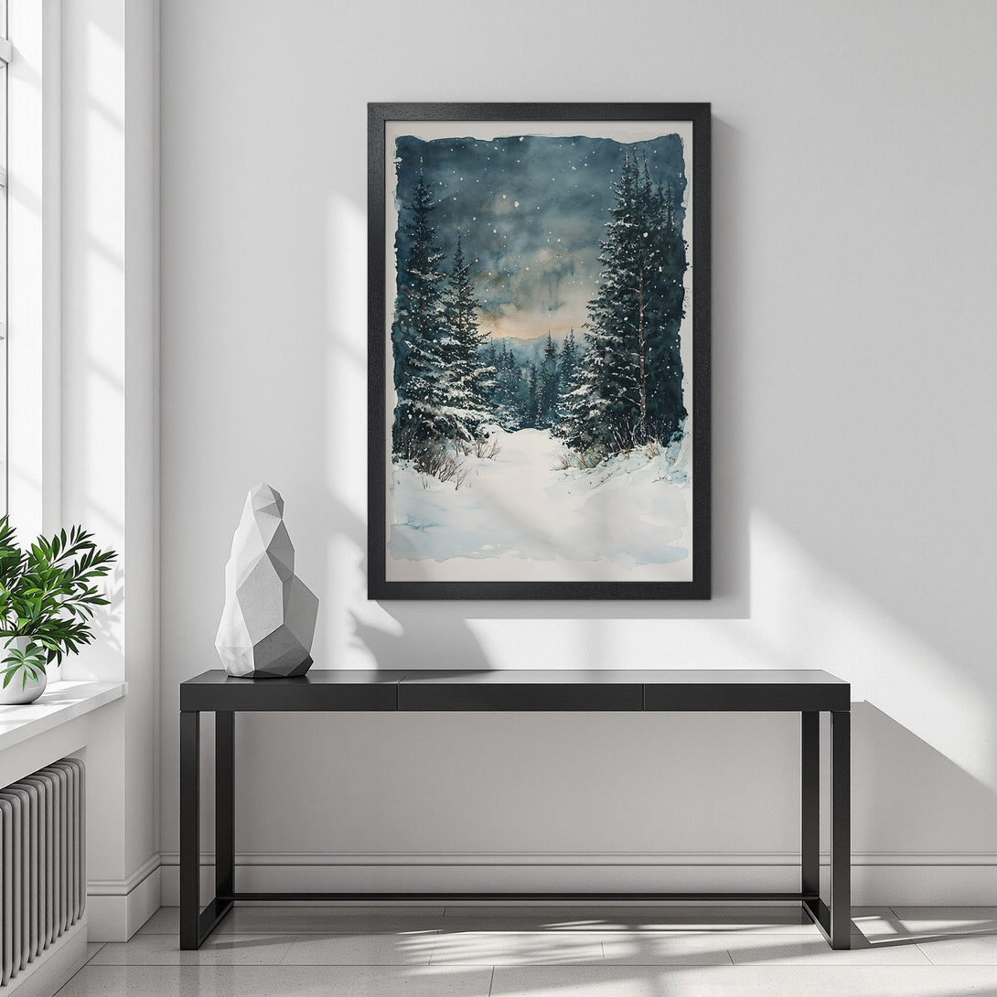 Framed Poster of a winter forest scene in watercolor style, featuring a snowy path. Blue and white color palette, perfect for home decor.