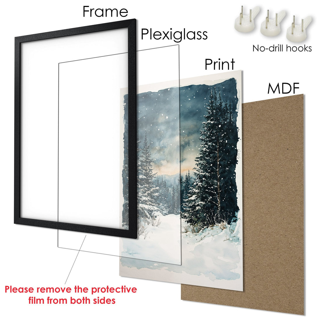 Framed Poster of a winter forest scene. Watercolor style with blue, white, and gray tones. Perfect for adding a touch of nature to your home!
