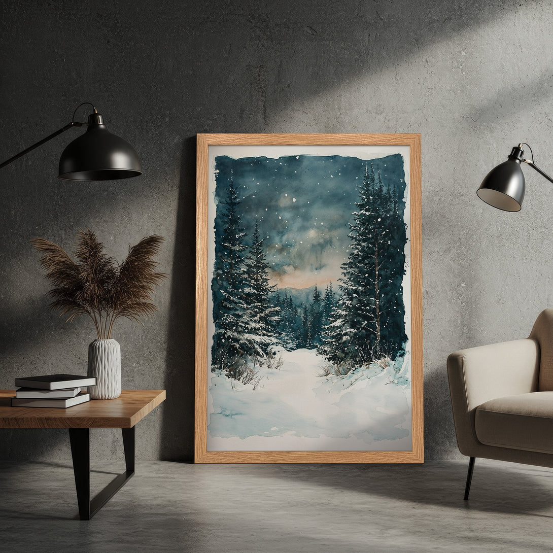 Framed Poster featuring a winter watercolor landscape. Serene scene with blues, greens, and whites. Perfect wall art for a cozy home.