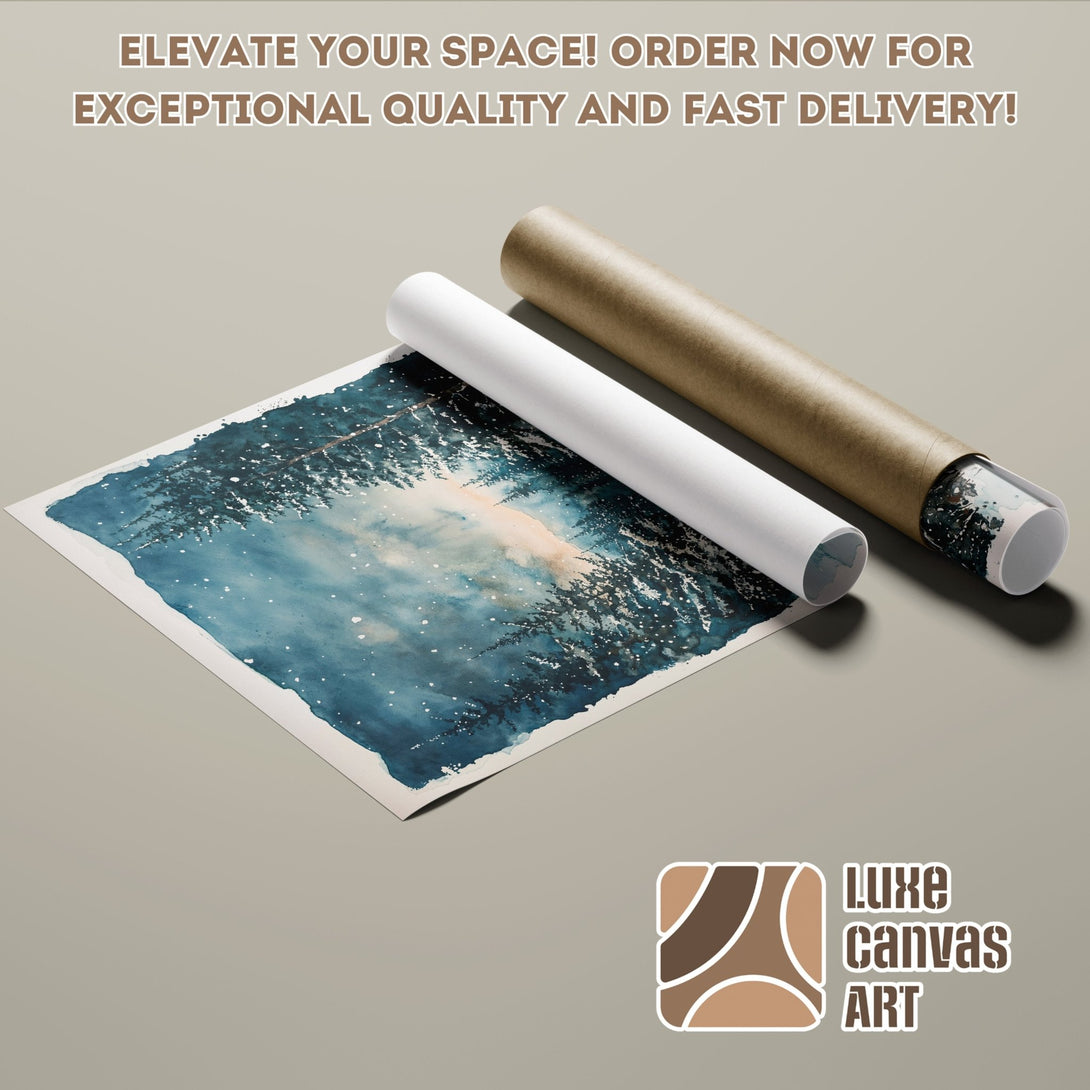 Poster Roll featuring a watercolor forest scene in blue and white tones. Elevate your space with stunning art!
