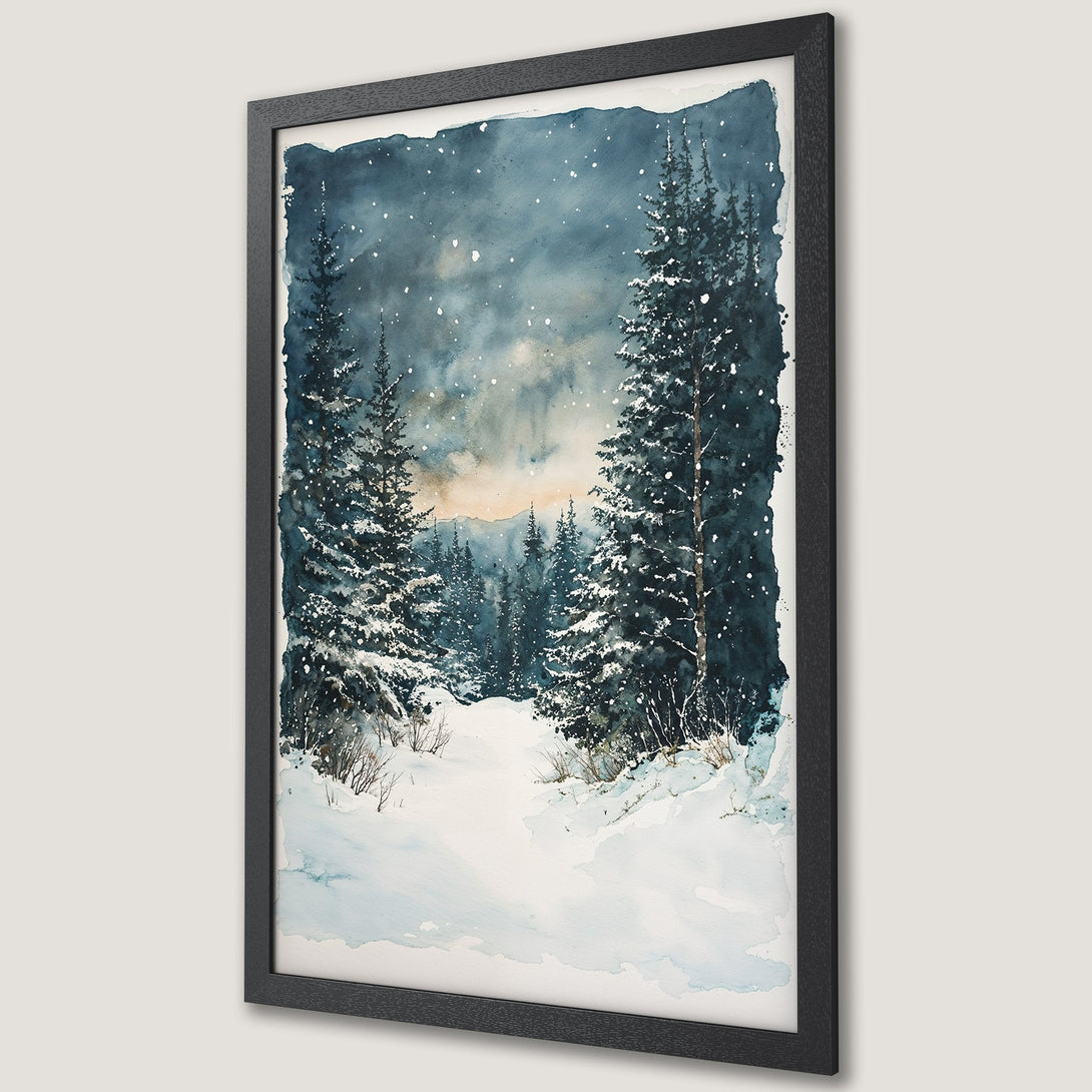 Framed Poster of a winter watercolor landscape featuring snow-covered trees and path. Moody blues and greens create a serene, artistic wall decor piece.