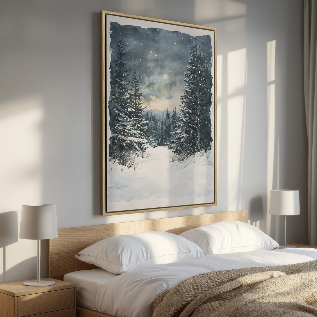 Framed Wall Art: Watercolor winter forest scene in blue and white tones. Perfect for a cozy bedroom. Add serene art to your space!