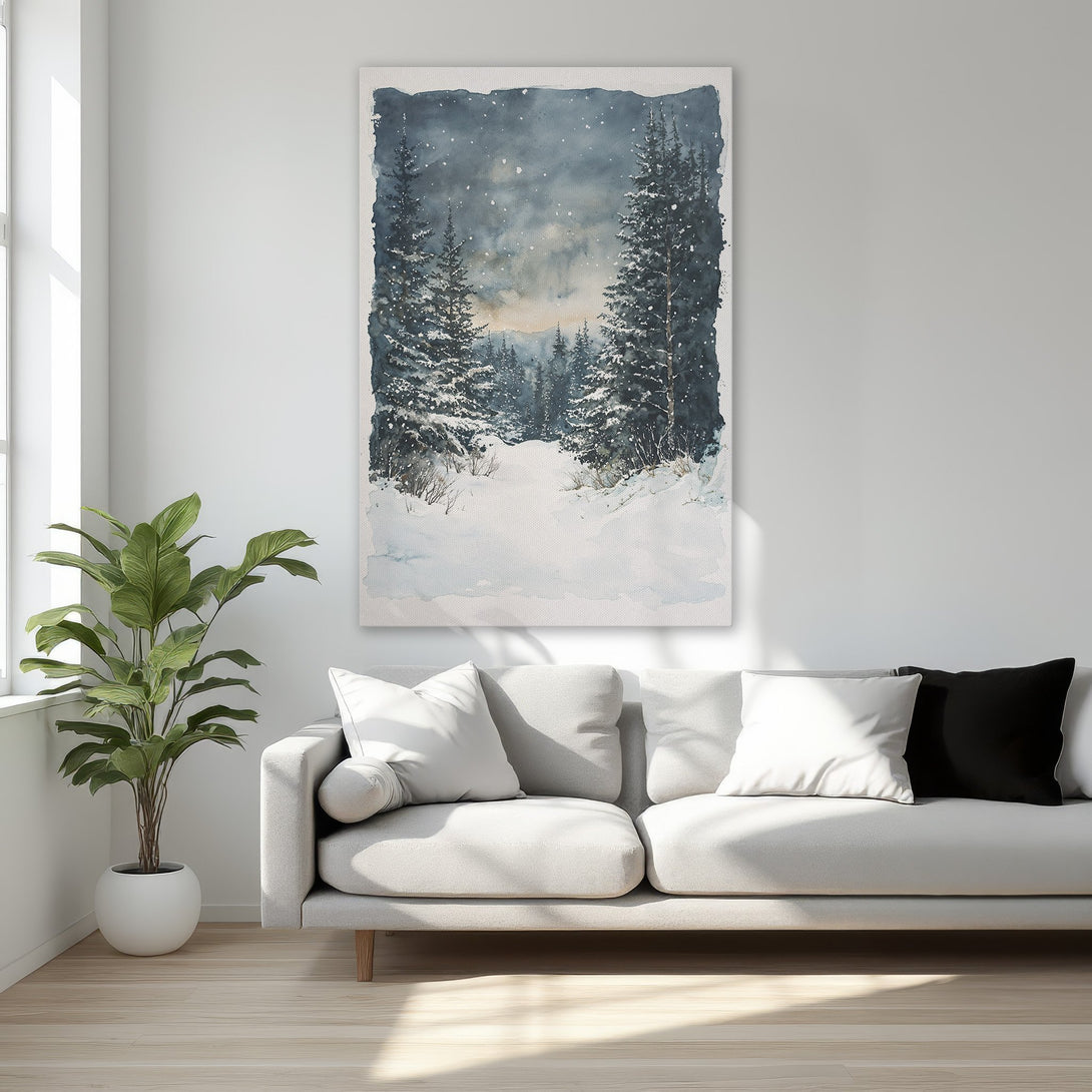 Framed Wall Art featuring a watercolor winter forest scene in blue and white hues. Perfect for adding a touch of nature's beauty to your home decor.