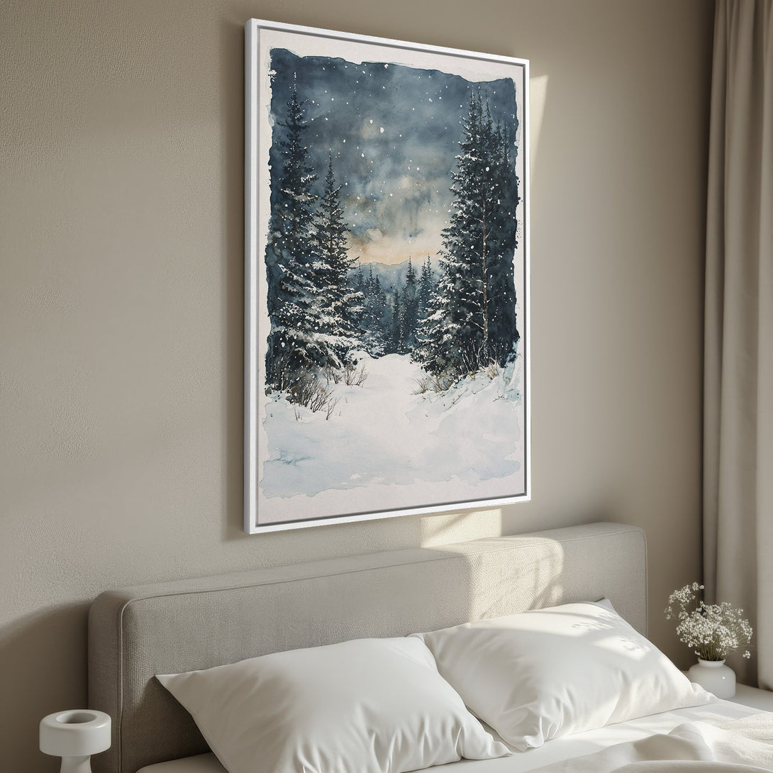 Framed Wall Art: Watercolor winter forest scene with snowy path, blue and white tones. Perfect for bedroom decor.