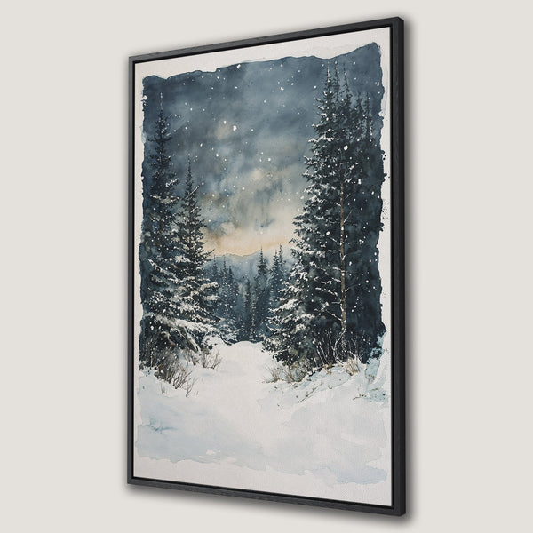 Framed Wall Art featuring a winter forest watercolor painting. Serene landscape with snow, trees, and a cool blue and gray color palette. Perfect for home decor.