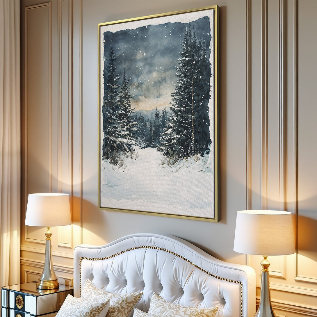 Canvas Print of a winter forest scene in watercolor style with a blue and gray color palette, perfect for home decor.