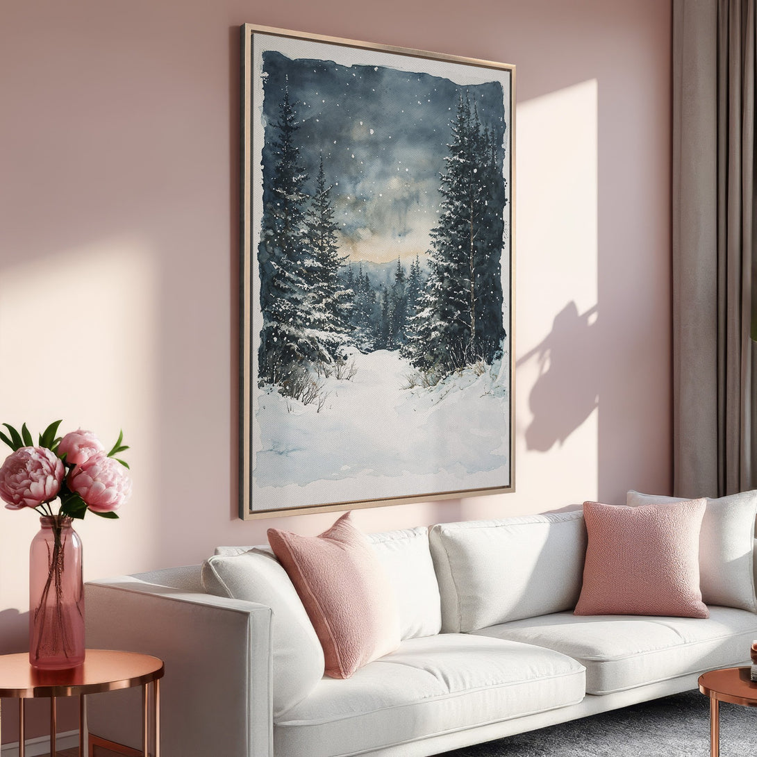 Framed Wall Art featuring a winter forest watercolor painting in cool blues and whites, perfect for adding a touch of nature to your living room decor.