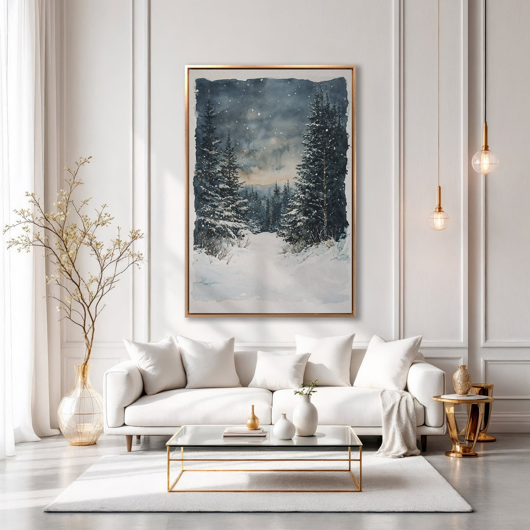 Framed Wall Art: Watercolor winter landscape in blue and white. Cozy living room decor featuring a snowy forest scene. Add a touch of nature to your home!