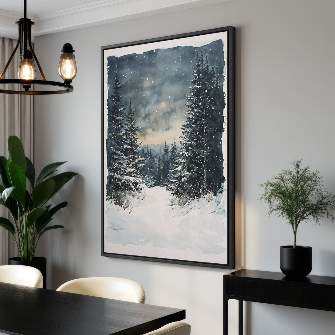 Framed Wall Art: Watercolor winter landscape in cool blue and gray tones. Perfect for adding a touch of nature-inspired serenity to your home decor.