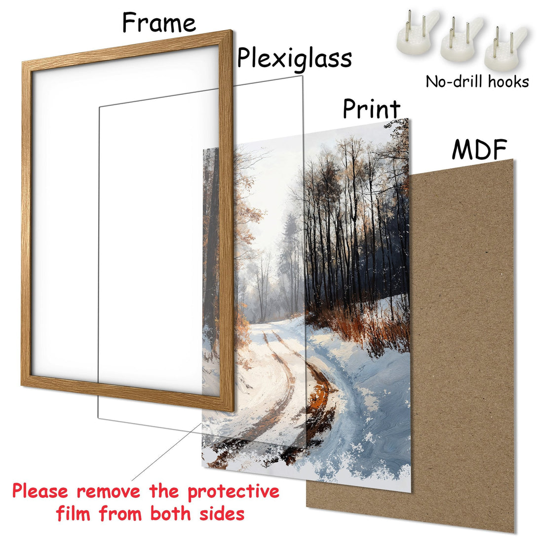 Framed Poster featuring a winter landscape painting in a natural wood frame. Earthy tones and cool blues create a serene art print.