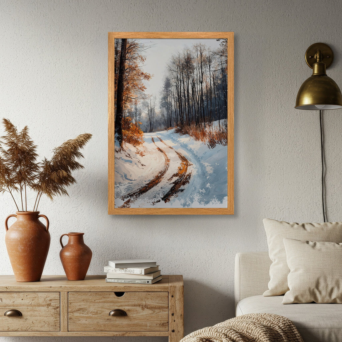 Framed Poster of a snowy forest road, impressionistic style, with a warm, neutral color palette. Perfect for home decor!