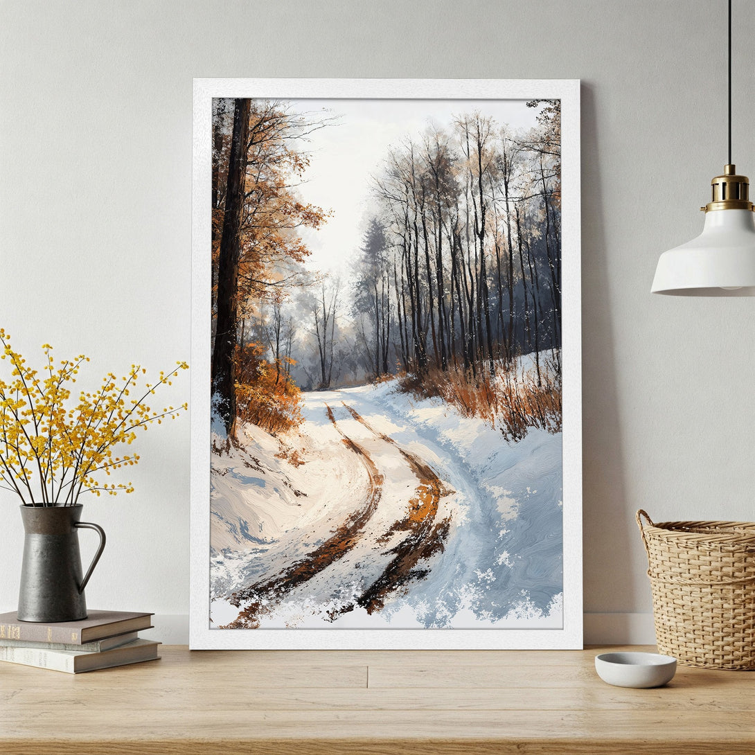 Framed Poster of a snowy forest road, impressionistic style with a cool blue and warm brown palette. Perfect wall art.