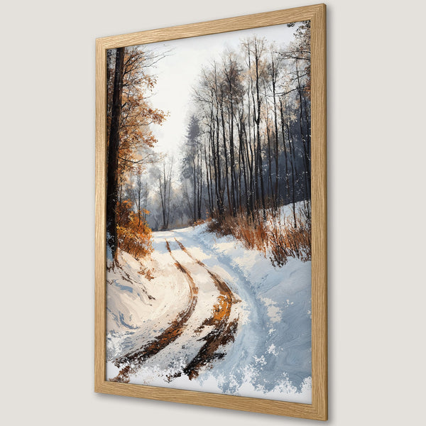 Framed Poster of a winter forest scene. Artistic style with a palette of white, brown, and blue. Perfect for home decor.