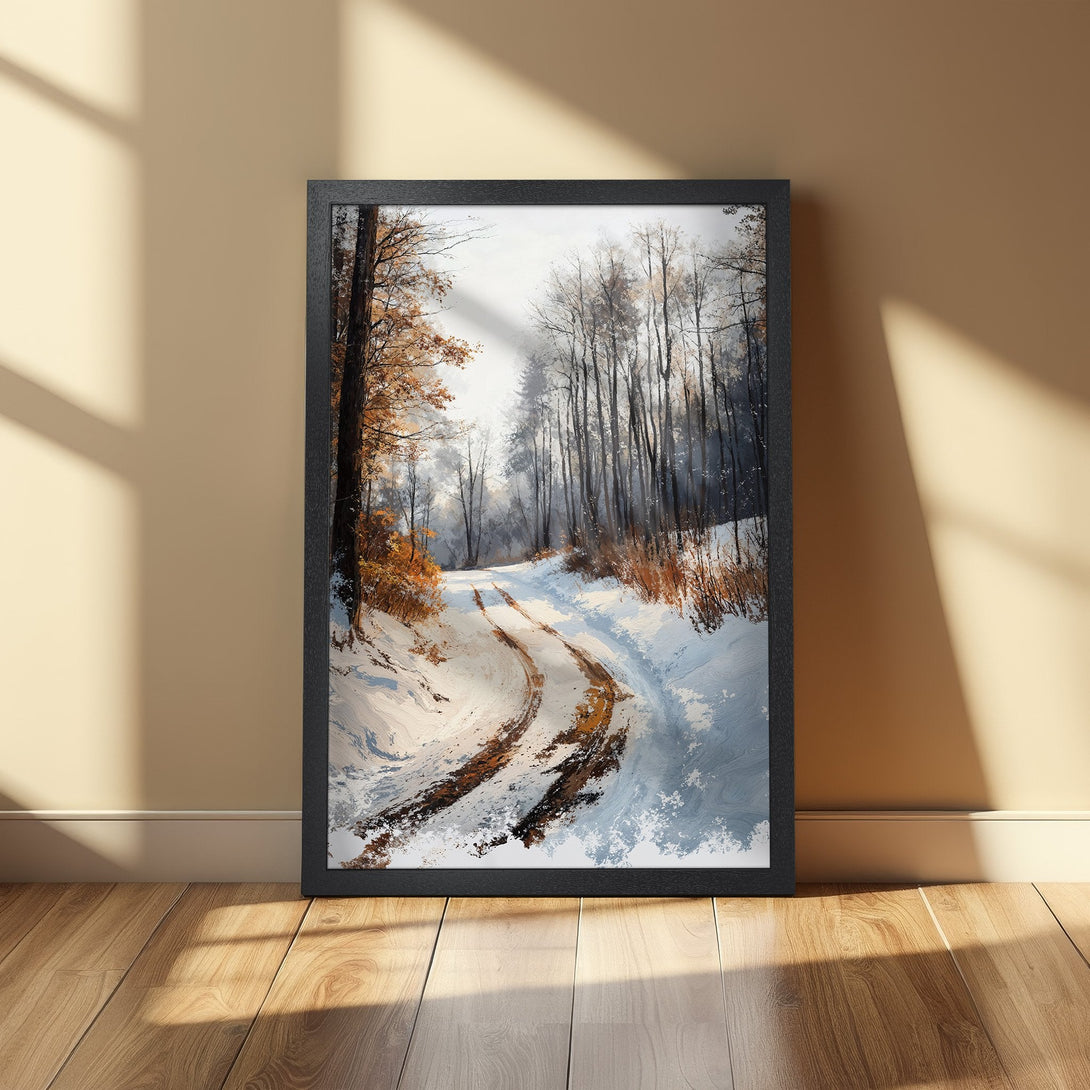 Framed Poster of a snowy forest road in a painterly style with a muted, warm color palette. Perfect wall art for your home!