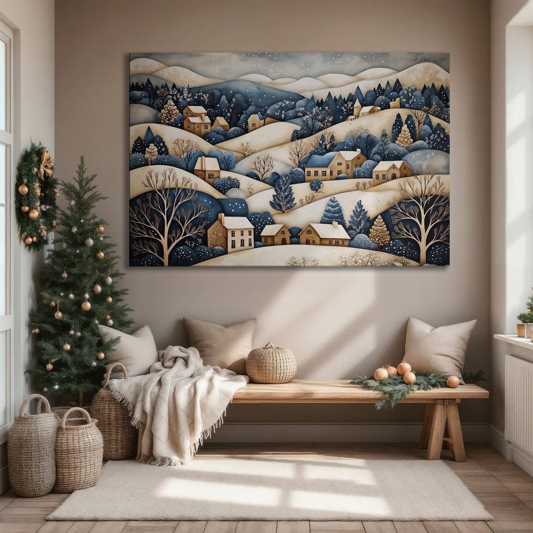 Framed Wall Art: Winter landscape Canvas Print in blue, beige, and gold. Cozy, artistic style perfect for living room decor.