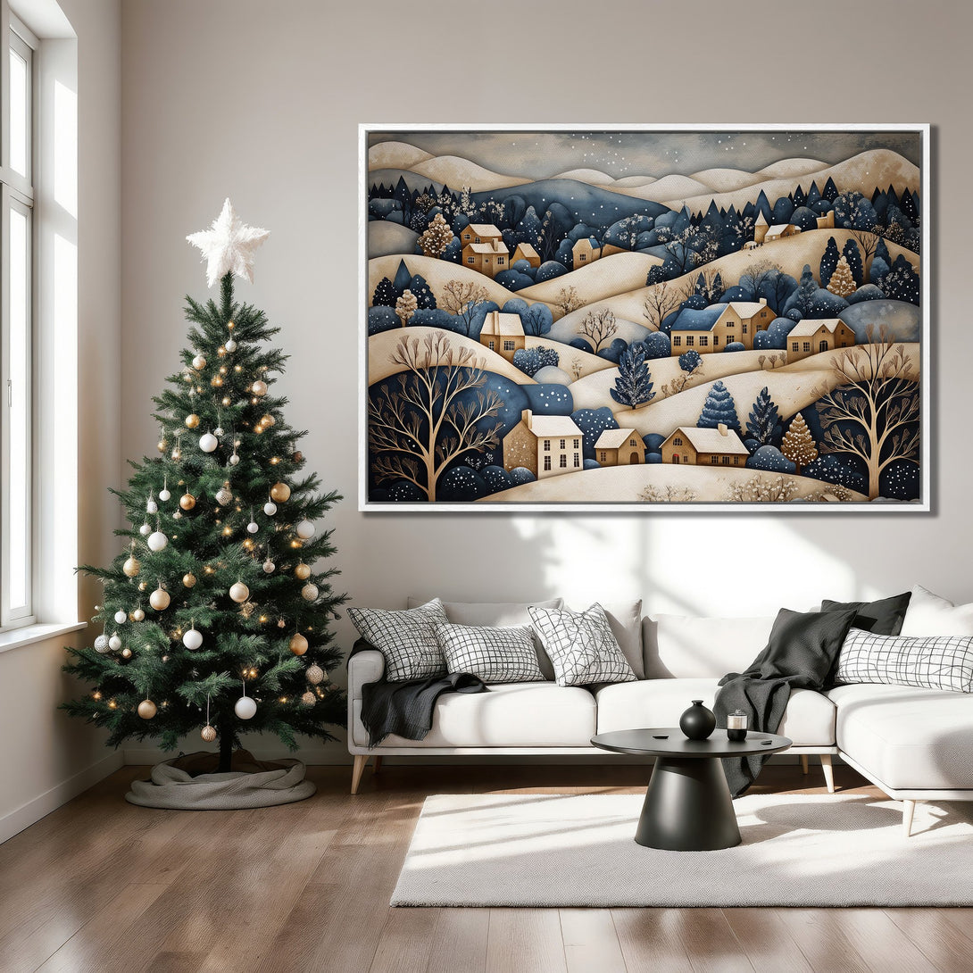 Framed Wall Art: Winter landscape Canvas Print in blue & beige tones, perfect for cozy home decor. Adds a touch of seasonal charm!