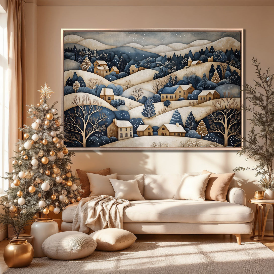 Framed Wall Art: Winter village scene in blue and beige tones. Cozy art print for living room decor. Perfect holiday gift!