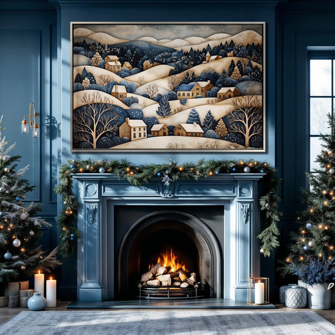 Framed Wall Art: Winter landscape Canvas Print in beige, blue, and gold tones. Perfect for cozy home decor, adding warmth and style to any room.