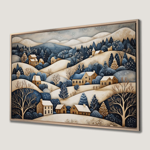 Framed Wall Art: Winter village scene in watercolor style. Blue, beige, and gold color palette. Perfect for cozy home decor.