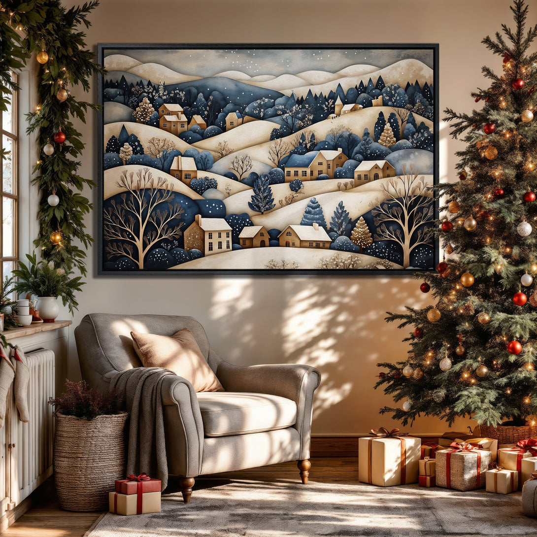 Framed Wall Art featuring a winter village scene in a whimsical style with a blue and beige color palette, perfect for holiday decor.