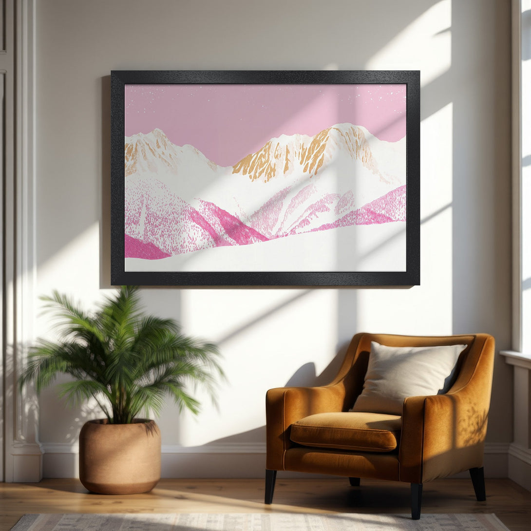 Framed Poster of pink and gold mountain art, modern style, perfect for home decor.