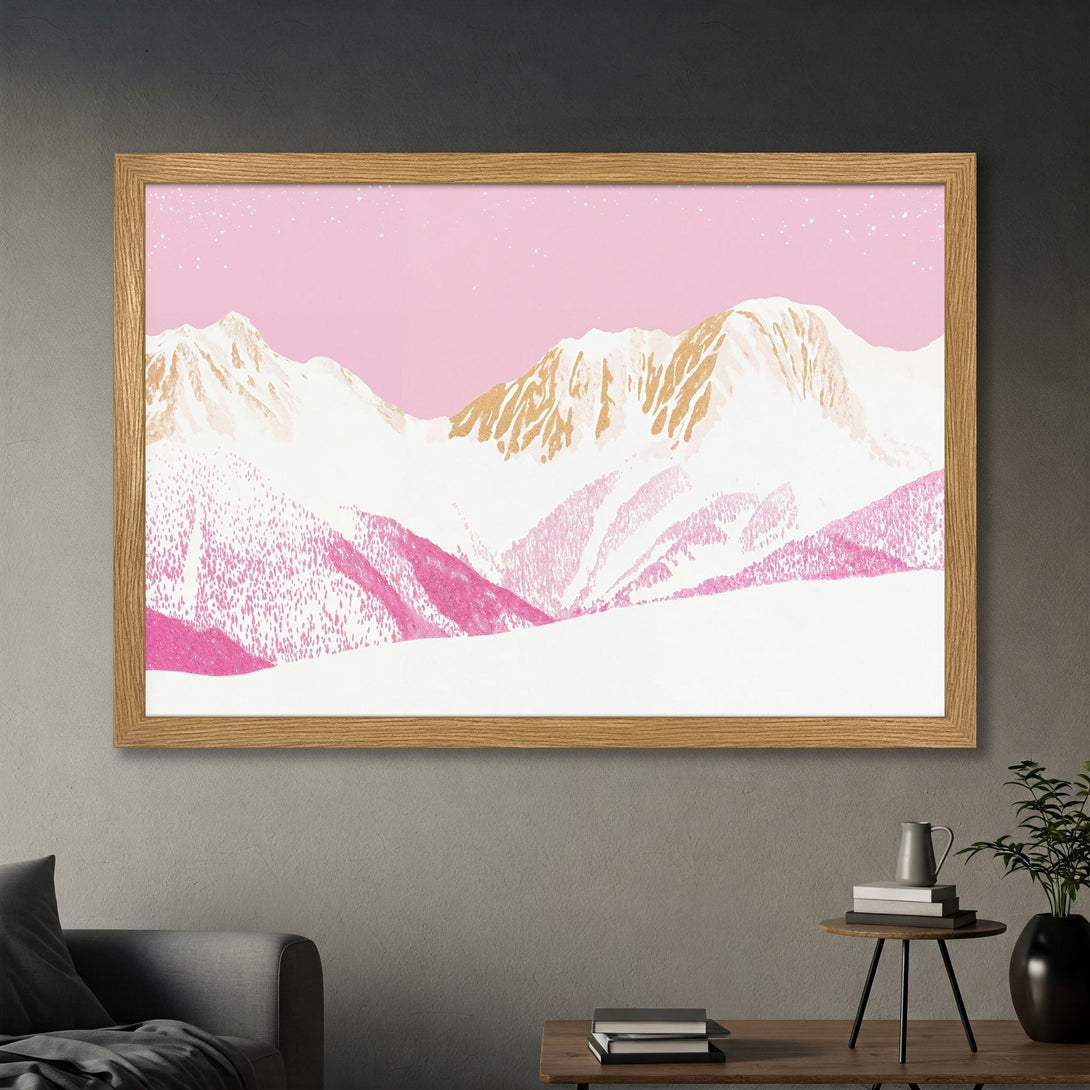 Framed Poster featuring a mountain landscape in a minimalist style with pink, gold, and white hues. Perfect wall art for any room!