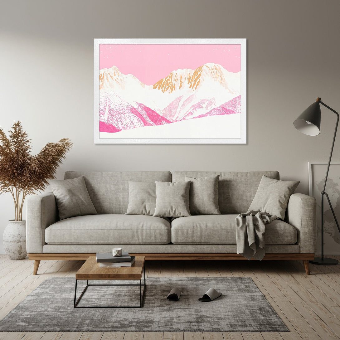 Framed Poster featuring a pink and gold mountain landscape art print. Modern style, perfect for adding a pop of color to your home decor.