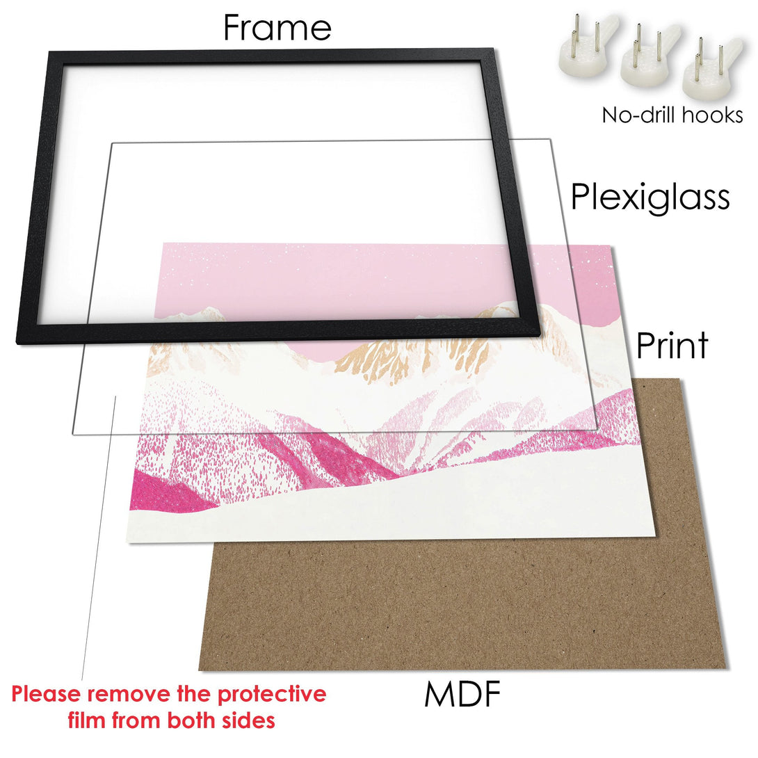 Framed Poster art print with pink, white, and gold mountain landscape. Ready to hang!