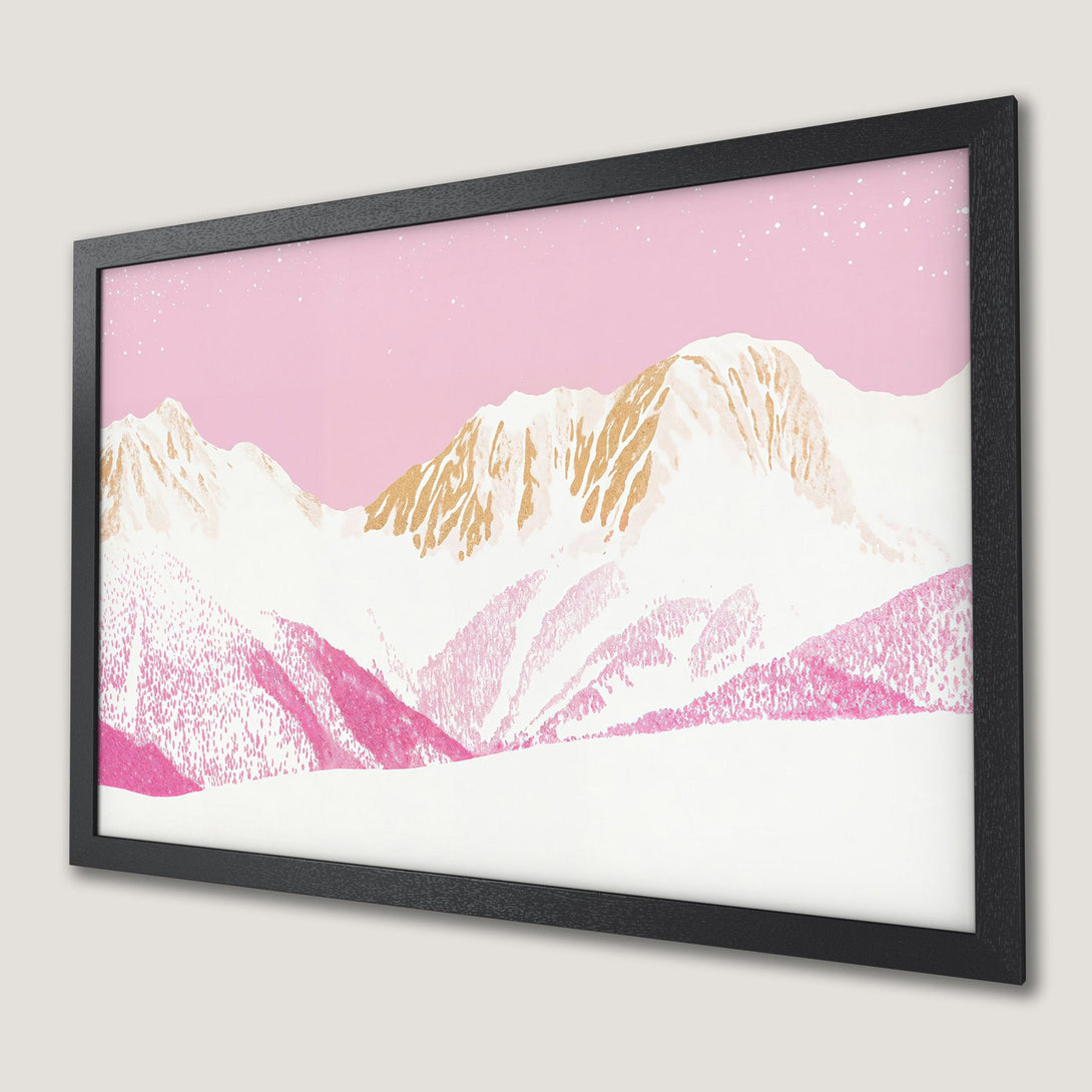 Framed Poster of pink and gold mountain landscape art. Modern style, perfect wall decor.