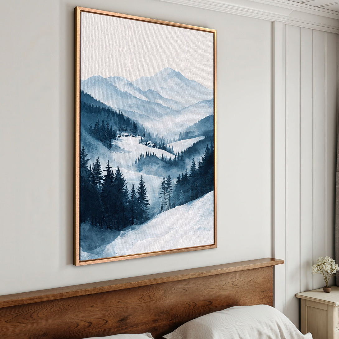 Framed Wall Art: Serene watercolor landscape Canvas Print in blue hues. Perfect for adding a touch of nature and tranquility to your bedroom decor.