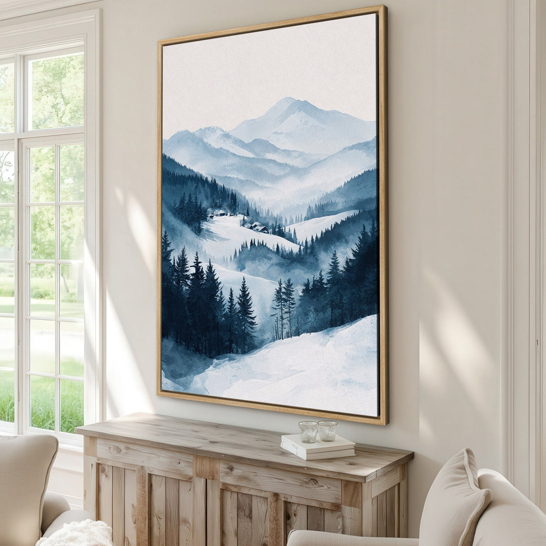 Framed Wall Art: Watercolor mountain landscape in blue hues. Serene artwork for home decor, perfect for adding a touch of nature to your space.
