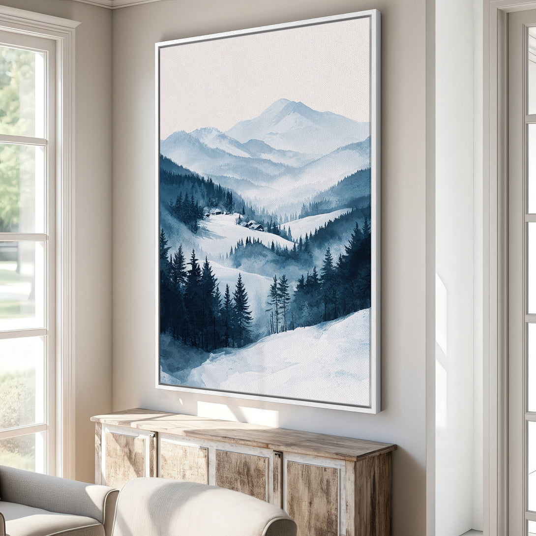 Framed Wall Art featuring a serene watercolor landscape of mountains and trees in a calming blue color palette, perfect for adding a touch of nature to your home.