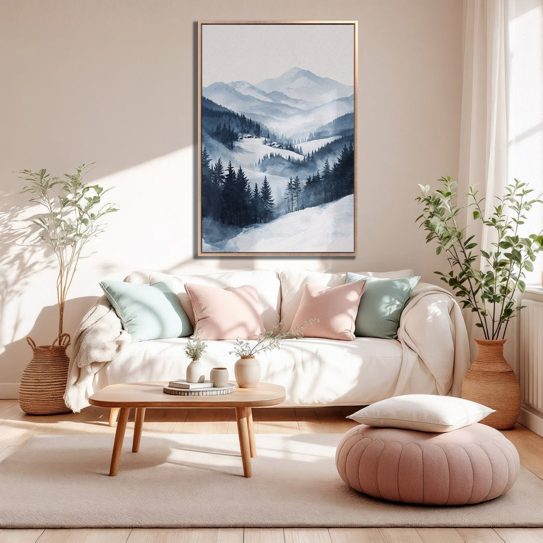 Framed Wall Art: Watercolor mountain landscape in blue hues. Adds a serene touch to any room. Perfect for modern home decor.