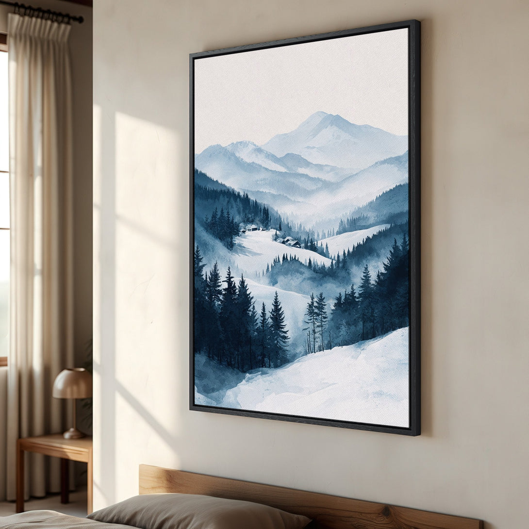Framed Wall Art: Watercolor mountain landscape Canvas Print in blue tones. Perfect for adding serene, modern art to your home decor.